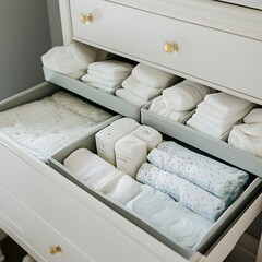 Well-organized Minimalist Bedroom Dresser Drawer with Folded Linens and Household Items