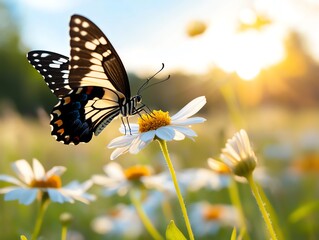 A butterfly landing delicately on a wildflower in a sunny meadow