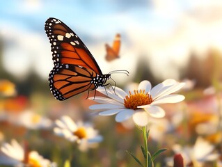 Obraz premium A butterfly landing delicately on a wildflower in a sunny meadow