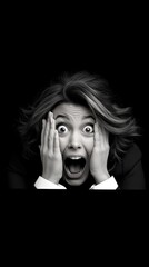 A shocked woman expressing fear and surprise with her hands on her face against a black background captured in monochrome tones
