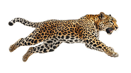 Fototapeta premium A spotted leopard leaps powerfully from the ground, showcasing its agility and strength in the wild. The animal's focused expression hints at its predatory nature during a chase.