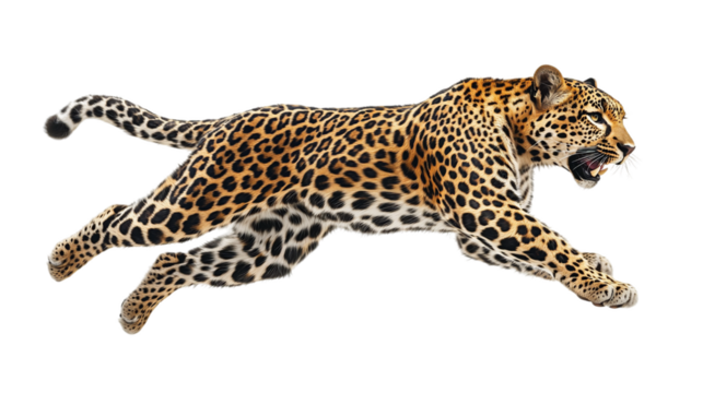 A spotted leopard leaps powerfully from the ground, showcasing its agility and strength in the wild. The animal's focused expression hints at its predatory nature during a chase.