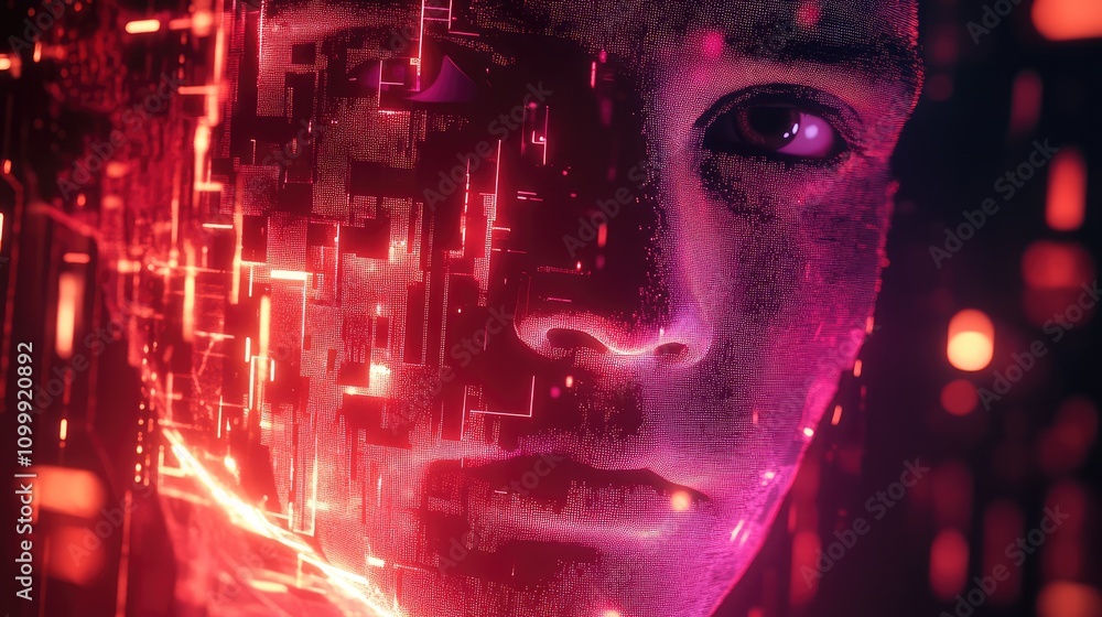 Poster a face crafted from layered digital lines, with sections breaking into pixelated fragments, glowing 