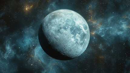 Naklejka premium Moon's Role in Tides. A detailed view of a luminous moon set against a cosmic backdrop, showcasing stars and nebulous clouds in a vast, starry universe.