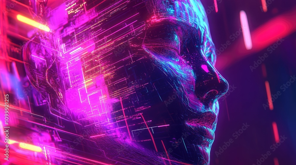 Poster a face dissolving into streaming data lines, blending neon colors and creating a glitchy, surreal ef