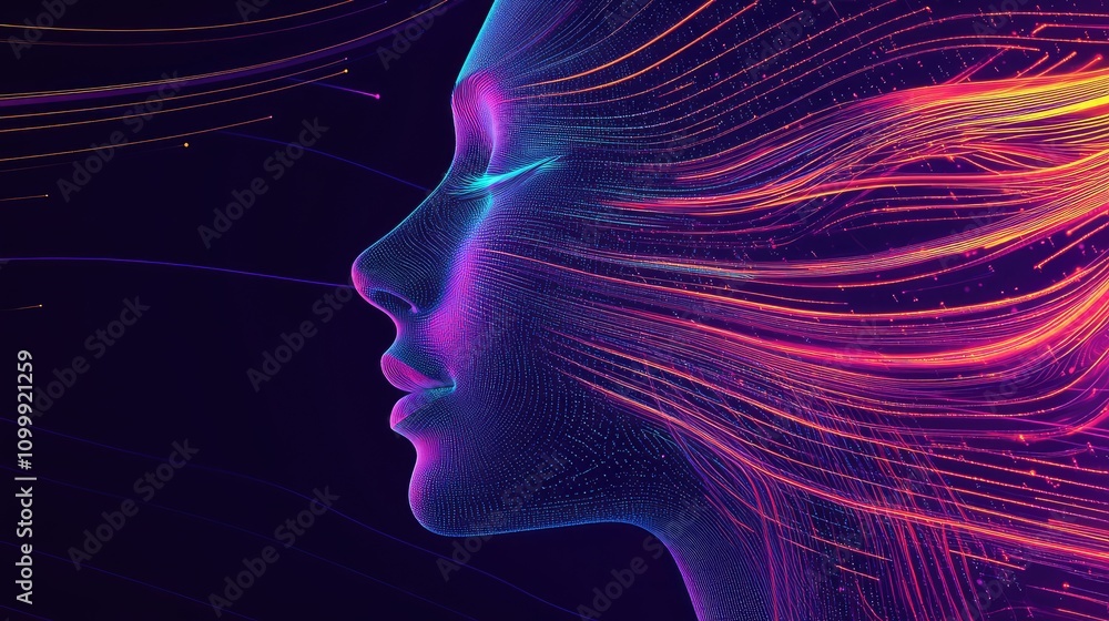 Poster a face dissolving into streaming data lines, blending neon colors and creating a glitchy, surreal ef