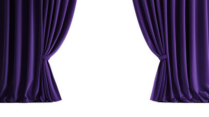 Open purple tied stage curtain isolated on transparent background with copy space for text or design