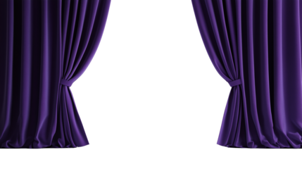 Open purple tied stage curtain isolated on transparent background with copy space for text or design