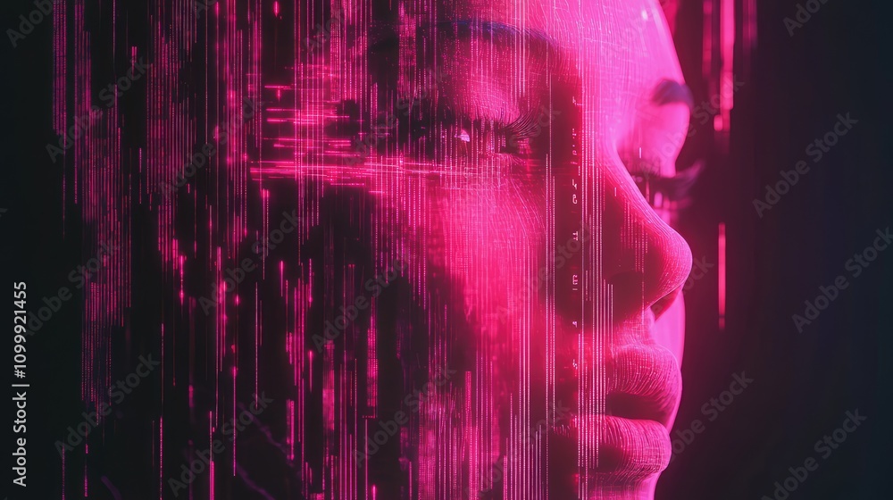 Poster a face dissolving into streaming data lines, blending neon colors and creating a glitchy, surreal ef