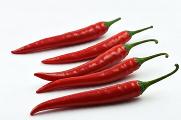 Several red chilies are arranged horizontally on a white background.
