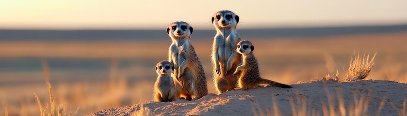 A family of meerkats standing upright on a sandy mound
