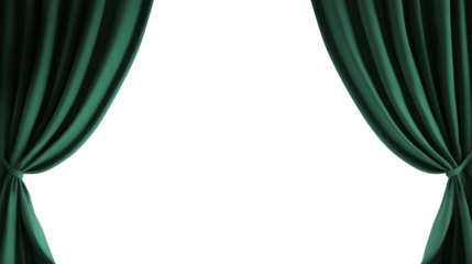 Open green tied stage curtain isolated on transparent background with copy space for text or design