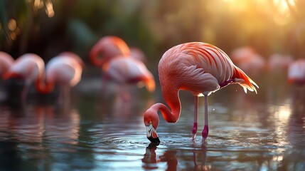 A flamingo flock wading in a serene tropical lagoon