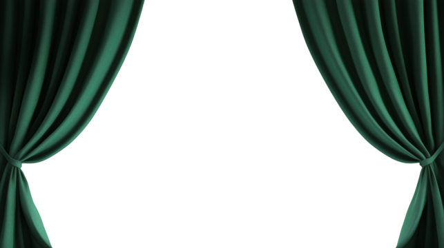 Open green tied stage curtain isolated on transparent background with copy space for text or design - Powered by Adobe