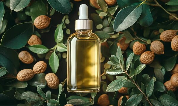 Natural Skincare Oil Bottle Surrounded by Green Leaves and Nuts
