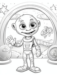 A Child activities coloring page of an space alien waving in space, the alien is in space, with other planets and rockets