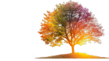 vibrant tree with multicolored leaves stands on small hill, showcasing beauty of nature changing seasons. gradient of colors from red to green creates stunning visual effect