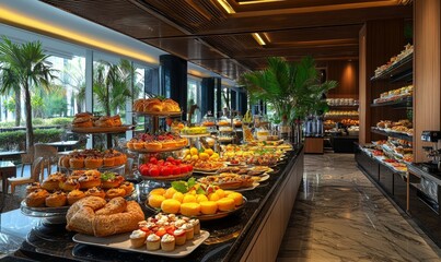 Hotel breakfast table filled with assorted pastries, fruits, cereals, and beverages, hotel, breakfast, table, food, buffet
