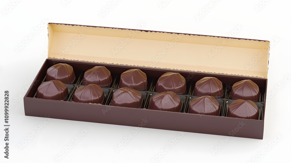Poster box of assorted chocolates with a sleek design on a white surface.
