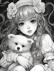 An adult coloring page, of a young girl holding a bear or dog, the girl is dressed in victorian or manga clothing, with flowers in her hair, the animal is cute and is sitting on the girls lap