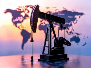 A silhouette of an oil pump jack against a world map backdrop at sunset.