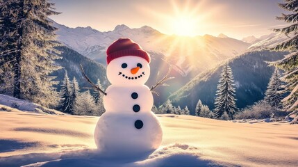 Obraz premium Cute snowman in snowy field, Frosty the snowman in mountain forest. Wearing knit scarf and hat. 
