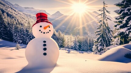 Obraz premium Cute snowman in snowy field, Frosty the snowman in mountain forest. Wearing knit scarf and hat. 