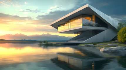 Awesome design of modern concrete house in a beautiful nature scenery near lake at evening light. generative ia. Nature. Illustration
