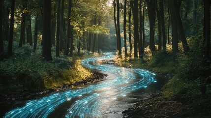Obraz premium A winding river through a forest with bright data lines marking its path, blending natural and digital elements
