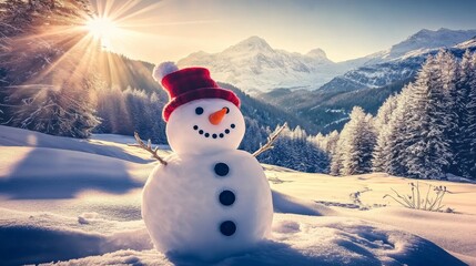 Obraz premium Cute snowman in snowy field, Frosty the snowman in mountain forest. Wearing knit scarf and hat. 