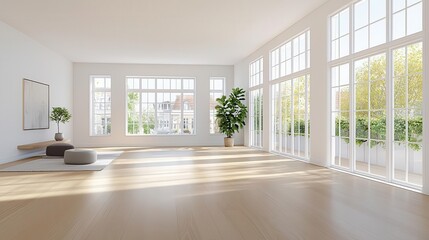 Obraz premium Interior of a maisonette with high ceilings and large windows, soft light, airy and spacious feel