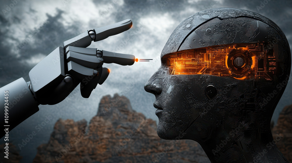 Poster artificial intelligence cybercrime concept with robotic deception in digital fraud illustration