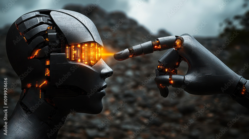 Poster artificial intelligence cybercrime concept: robots and digital deception in cybersecurity