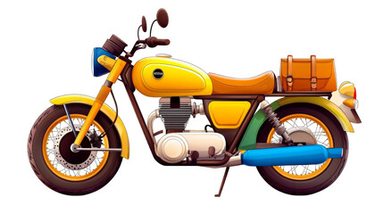 Obraz premium vibrant yellow vintage motorcycle with leather saddlebag, showcasing classic design and colorful accents. bike retro style and detailed features evoke sense of adventure and nostalgia
