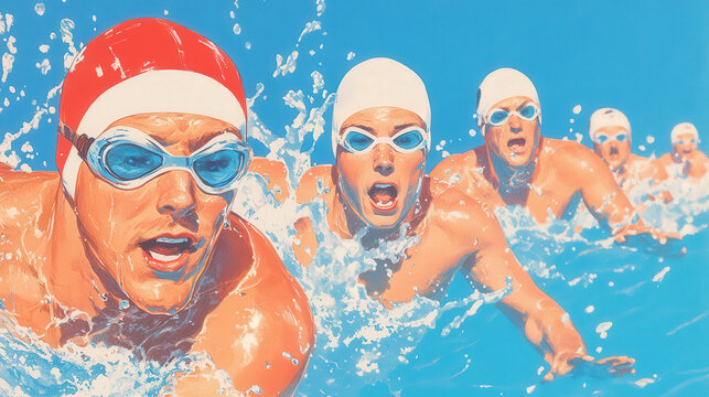 Vintage Dynamic Illustration of Competitive Swimmers in Action, Showcasing Intense Focus and Fluid Movement in the Water for Sports Enthusiasts