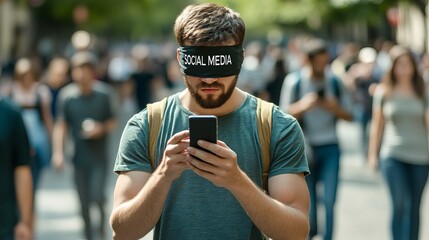 A young Caucasian man wearing a blindfold labeled 'Social Media' looks intently at his phone in a bustling urban street, highlighting digital dependence.