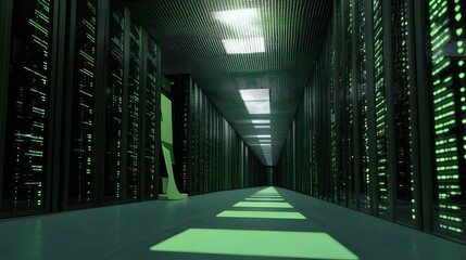 Modern data center hallway with glowing green server lights.