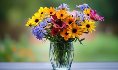 Fototapeta premium Beautiful bouquet of various colorful flowers in a glass vase, flowers, floral, arrangement, vibrant, colorful, vase, bouquet