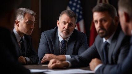Fototapeta premium A group of serious men in suits engaged in a discussion, with flags in the background, emphasizing a professional and possibly tense atmosphere.