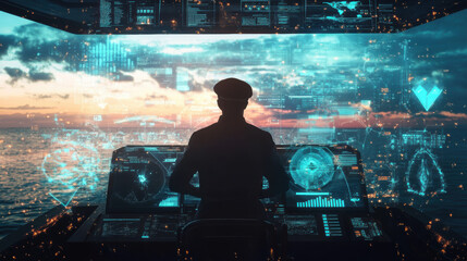 Futuristic Ship Captain Silhouette in Control Room