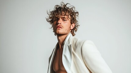 Obraz premium Model poses confidently in stylish attire with tousled hair against a neutral background