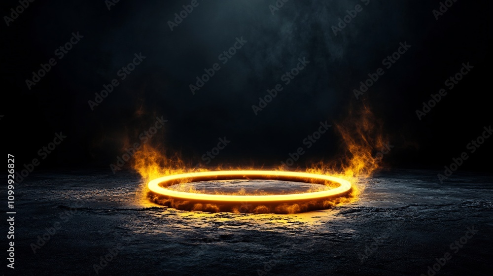 Poster glowing ring of light floating in minimalistic dark environment