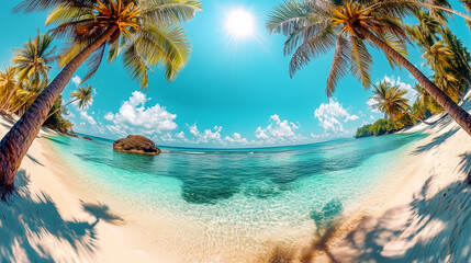 Naklejka premium Tropical Beach in Thailand with Palm Trees and Crystal Clear Waters