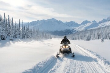 Enjoying the thrill of snowmobiling in a scenic winter landscape with snowy mountains