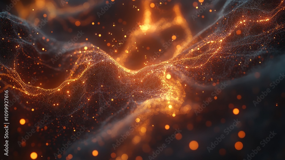 Poster abstract 3d cyber data scene with floating particles and glowing lines, forming an intricate, interc
