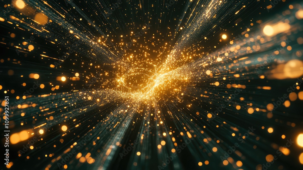 Poster abstract 3d cyber data scene with floating particles and glowing lines, forming an intricate, interc
