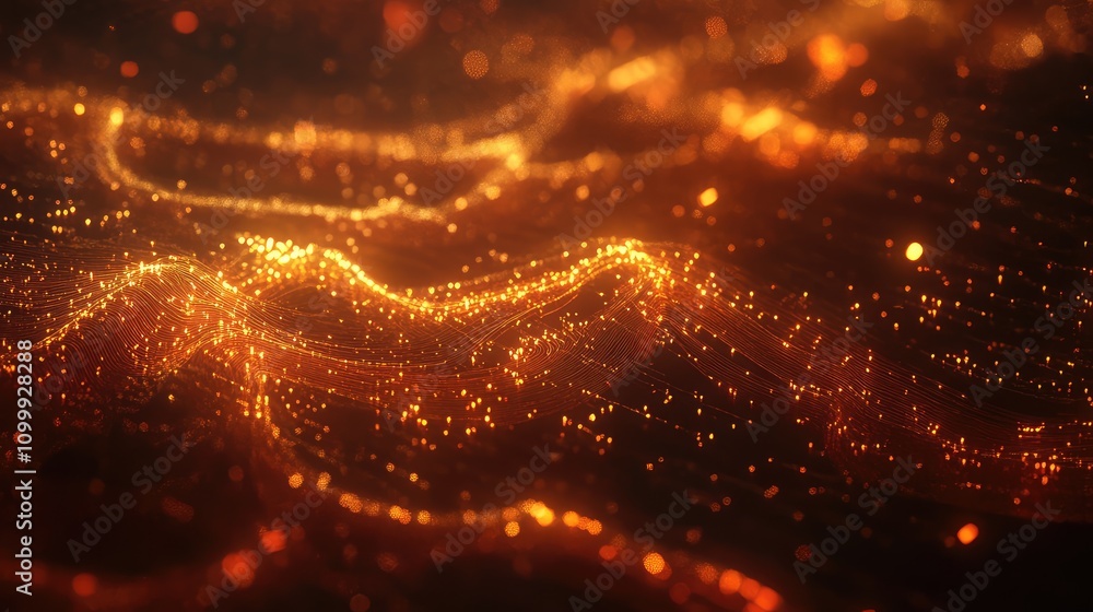 Poster abstract 3d cyber data scene with floating particles and glowing lines, forming an intricate, interc
