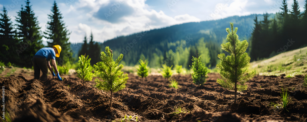 Poster planting new trees. planting new trees in an open area of a mountain. conifer trees. hand edited gen