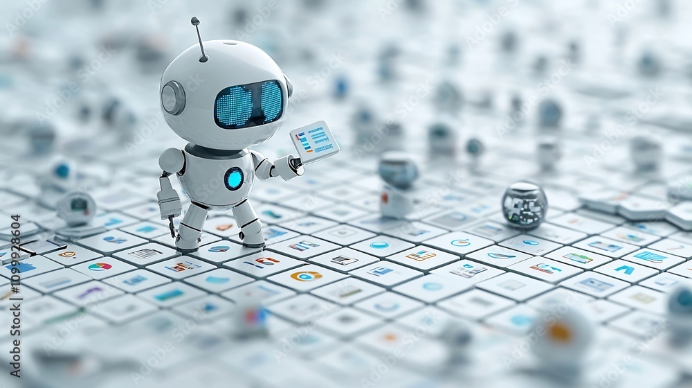 Leinwandbilder A 3D search engine robot meticulously assembling a digital mosaic of diverse search results symbolizing the art of information gathering and knowledge synthesis