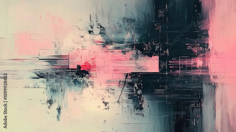 Poster abstract artwork with pixelated data grids mixed with organic brush strokes and layered textures
